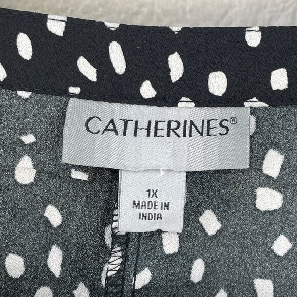 Catherines Womens Plus 1X Polka Dot Blouse Black White Roll Tab Sleeve Tunic Top - Picture 3 of 9
